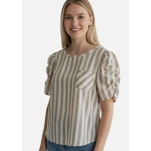 Jennifer & Grace Striped Button Back Blouse Sz L Puff Sleeve Coastal Chic Earthy